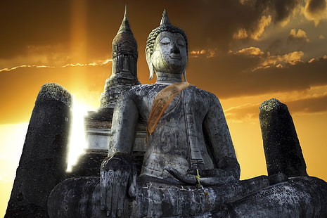 небо, храм, таиланд, будда, сукхотай, HD обои HD wallpaper