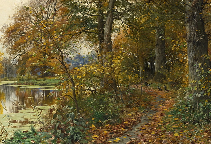 autumn, leaves, landscape, nature, river, picture, path, Peter Merk Of Menstad, Peder Mørk Mønsted, Charlottenlund Forest, HD wallpaper