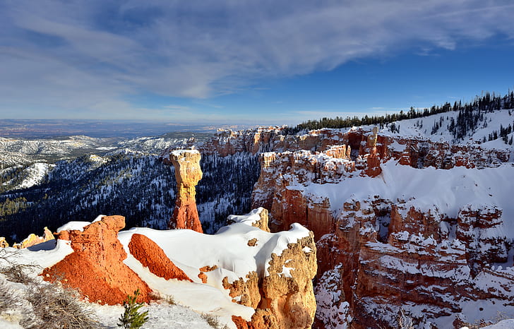 brown mountain covered with snow, utah, bryce canyon national park, utah, bryce canyon national park, Aqua, View, Wintry, Utah, Bryce Canyon National Park, brown mountain, snow, Agua, Blue Skies, Clouds, Color, Pro  Day, Day 5, Edge, Paunsaugunt Plateau, Evergreen, Evergreens, Hoodoos, SE, Mountains, Distance, Nature, Nikon D800E, Snowy, Landscape, Sun, Trees, United States, winter, mountain, scenics, forest, outdoors, cold - Temperature, frost, tree, sky, beauty In Nature, blue, HD wallpaper