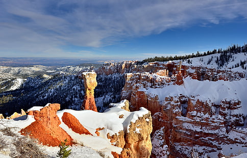 brown mountain covered with snow, utah, bryce canyon national park, utah, bryce canyon national park, Aqua, View, Wintry, Utah, Bryce Canyon National Park, brown mountain, snow, Agua, Blue Skies, Clouds, Color, Pro  Day, Day 5, Edge, Paunsaugunt Plateau, Evergreen, Evergreens, Hoodoos, SE, Mountains, Distance, Nature, Nikon D800E, Snowy, Landscape, Sun, Trees, United States, winter, mountain, scenics, forest, outdoors, cold - Temperature, frost, tree, sky, beauty In Nature, blue, HD wallpaper HD wallpaper