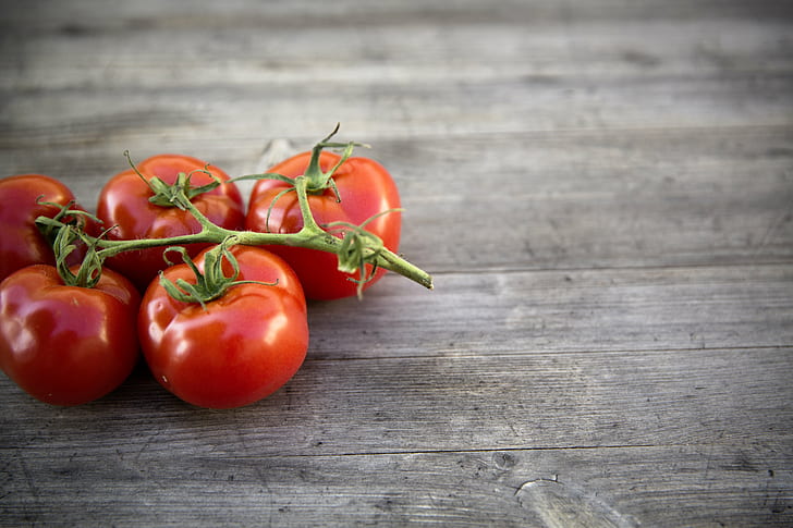 röda tomater i brun yta, tomat, tomat, röd, brun, yta, kommersiell, bie, foton, design, mock up, mat, trä - Material, friskhet, grönsak, organisk, bord, vegetarisk mat, mogen, närbild, bakgrunder, HD tapet