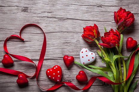 Día de San Valentín, tulipanes, corazón, imagen de amor, flores, 5k, Fondo de pantalla HD HD wallpaper