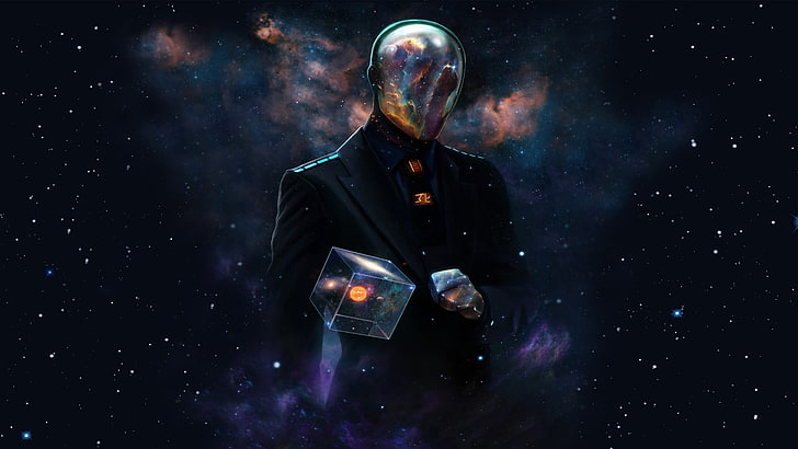homme portant un masque gris dans la galaxie fond d'écran, espace, étoiles, résumé, dieux, art numérique, cube, Fond d'écran HD