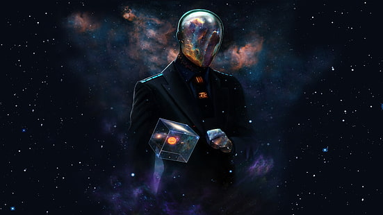 Mann mit grauer Maske in der Galaxie Wallpaper, Raum, Sterne, abstrakt, Götter, digitale Kunst, Würfel, HD-Hintergrundbild HD wallpaper