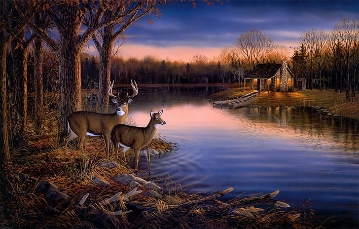 deer and stag painting, autumn, forest, animals, water, trees, sunset, nature, lake, house, pond, river, boat, the evening, painting, deer, art, Sam Timm, Tranquil Evening, HD wallpaper