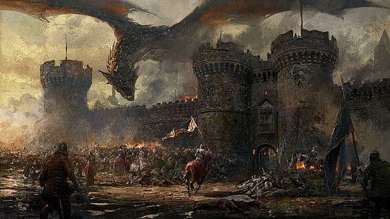 фентъзи изкуство, обсада, дракон, рицар, кавалерия, стена, знаме, огън, армия, дим, Ерагон, HD тапет HD wallpaper