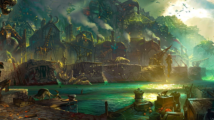 tapeta cyfrowa zamek nad wodami, League of Legends, Bilgewater, fantasy art, piraci, porty, Tapety HD