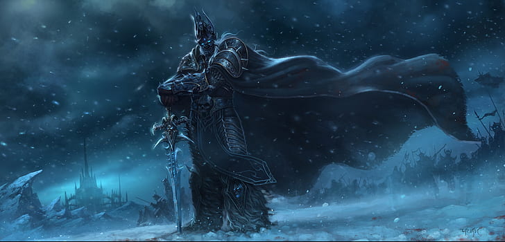 варкрафт, вау, мир варкрафт, лич король, воин, меч, снег, HD обои