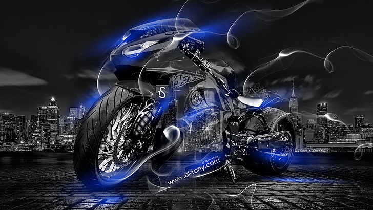 schwarz sport bike wallpaper, nacht, blau, die stadt, rauch, neon, stil, tapete, fahrrad, motorrad, stadt, moto, kunst, photoshop, 2014, kristall, el tony cars, tony kokhan, hd hintergründe, durchsichtig, rauch, HD-Hintergrundbild