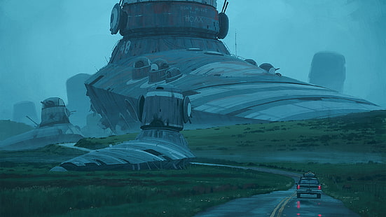 screenshot del videogioco, fantascienza, astronave, auto, arte digitale, Simon Stålenhag, Sfondo HD HD wallpaper