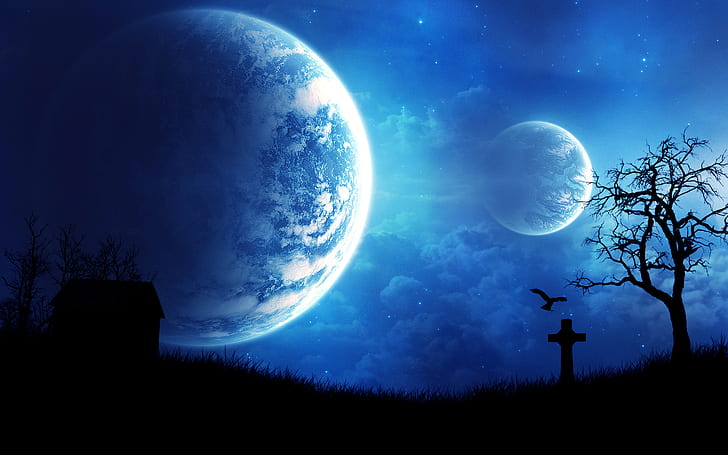 Dream Night HD, planet with two moons poster, fantasy, night, dreamy, dream, HD wallpaper
