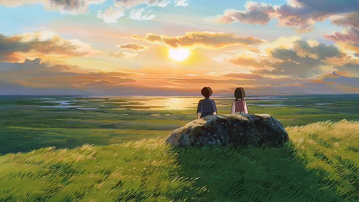 Tales from Earthsea, film d'animazione, anime, animazione, fotogrammi, Studio Ghibli, campo, rocce, cielo, nuvole, erba, tramonto, Sfondo HD
