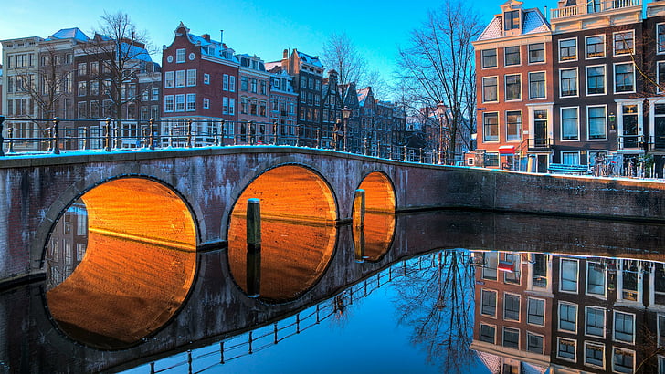 다리, 눈, 운하, 도시, 건물, 겨울, 네덜란드, 암스테르담, 유럽, 유럽 연합, HD 배경 화면