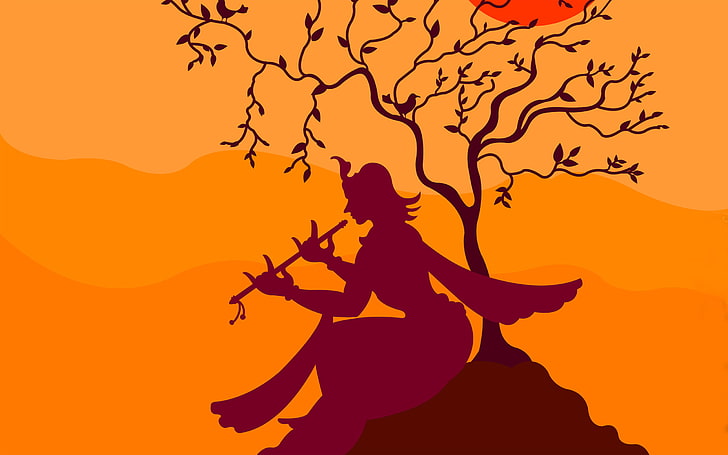 Krishna Bermain Flute Under Tree, orang yang bermain ilustrasi seruling, Tuhan, Tuhan Krishna, pohon, matahari terbenam, Wallpaper HD