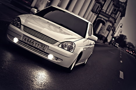 white sedan, road, white, VAZ, Lada, prior, the asvaltu, priora, HD wallpaper HD wallpaper
