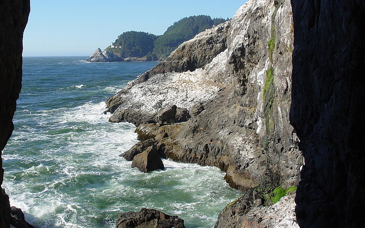 brown rocks, rocks, sea, water, shade, waves, gorge, HD wallpaper