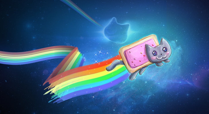Nyan kedisi, gökkuşağı kuyruk çizim, sanatsal, fantezi ile kedi, HD masaüstü duvar kağıdı