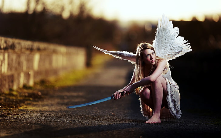 anioł, katana, blondynka, kobiety, skrzydła, modelka, miecz, Tapety HD