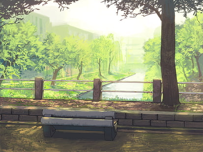 Anime, oryginał, ławka, park, Tapety HD HD wallpaper