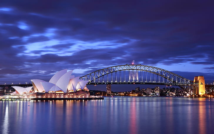 Australia, Gedung Opera Sydney, malam, jembatan, lampu, biru, laut, langit, awan, rumah opera sydney, Australia, Sydney, Opera, Rumah, Malam, Jembatan, Lampu, Biru, Laut, Langit, Awan, Wallpaper HD