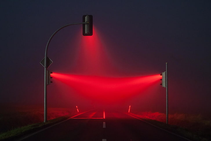papel de parede cinza semáforo, semáforos, luzes, névoa, vermelho, azul, estrada, HD papel de parede
