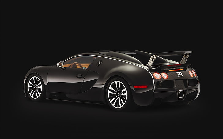 черный Bugatti coupe иллюстрация, черный, Veyron, bugatti, спойлер, HD обои