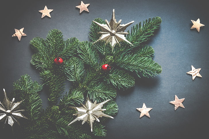 albero di Natale verde e decorazioni a stella, decorazioni natalizie, stelle, abete rosso, Sfondo HD
