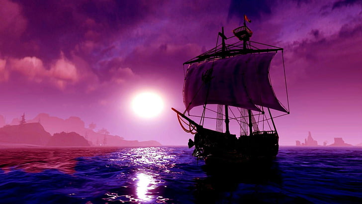 segelfartyg, fantasikonst, hav, himmel, lugn, natt, hav, måne, lila himmel, månsken, brig, fartyg, segling, segelbåt, segelfartyg, lila, HD tapet