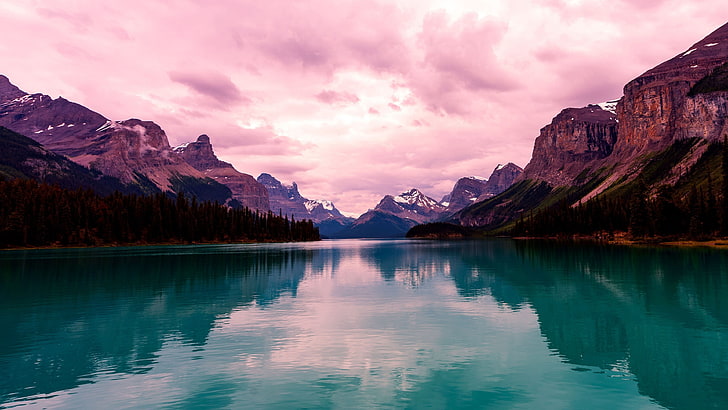 حديقة جاسبر الوطنية ، السحب الوردية ، البرية ، الجبل ، المياه ، البحيرة ، السحابة ، سلسلة الجبال ، الحديقة الوطنية ، بحيرة ماليني ، جزيرة الروح ، ألبرتا ، كندا ، انعكاس، خلفية HD