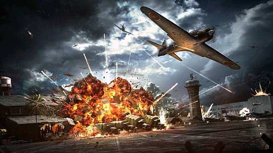 wallpaper videogame, api, api, ledakan, serangan, lapangan udara, pesawat, pengeboman, WW2, hanggar, penerbangan, Jepang, Pearl Harbor, 7 Desember 1941, tiba-tiba, kombo, dek, Wallpaper HD HD wallpaper