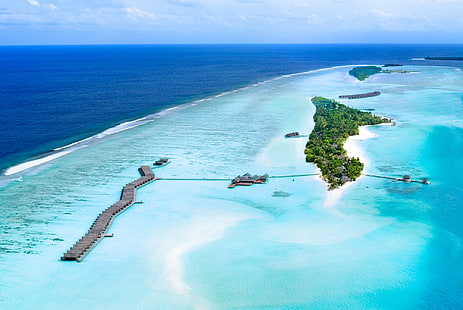 Луксозен лукс Малдиви, остров, плаж, Малдиви, пясък, океан, лазур, син, лукс, рай, почивка, остров, атол, тропически, HD тапет HD wallpaper