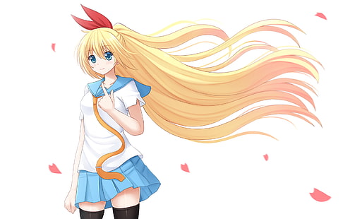 kvinnlig anime karaktär i vit och blå skoluniform illustration, anime, Nisekoi, blond, blå ögon, rodna, Chitoge Kirisaki, flicka, långt hår, kronblad, skoluniform, kjol, leende, lårhöga, slips, HD tapet HD wallpaper