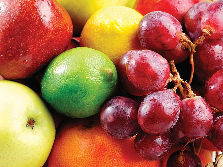 several fruits, grapes, apple, lemon, allsorts, fruit, HD wallpaper