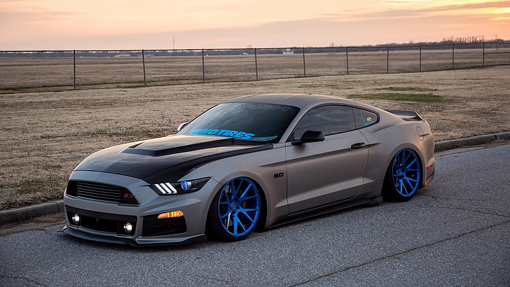 black sports coupe, Ford, Ford Mustang, rims, Stance, Air ride, nature, sky, muscle cars, tuning, HD wallpaper