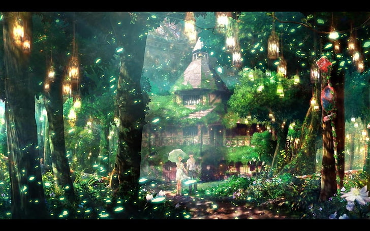 pasangan berjalan melalui rumah, hutan, pohon, anime, karya seni, seni fantasi, Wallpaper HD