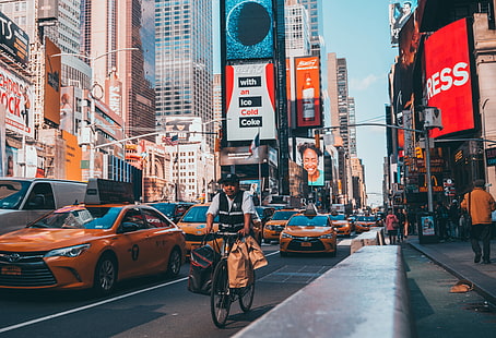 商業、通り、ニューヨーク市、タイムズスクエア、タクシー、自転車、都市、 HDデスクトップの壁紙 HD wallpaper