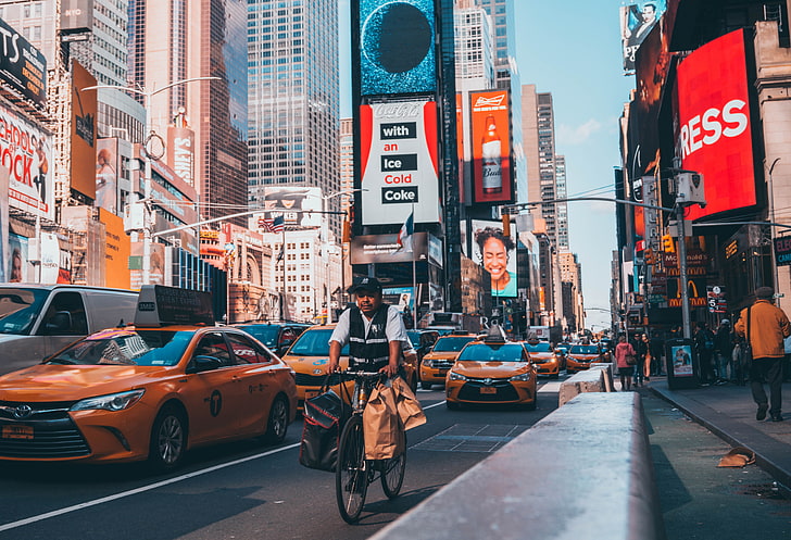 New York Time Square, Times Square, taxi, New York City, bicycle, street, urban, commercial, HD wallpaper