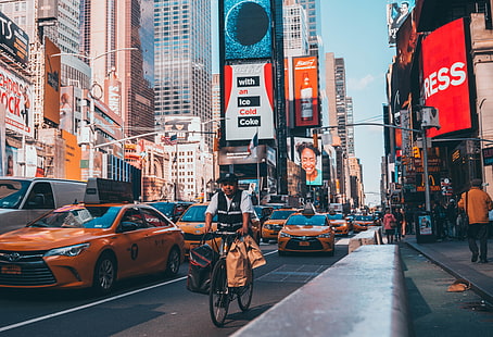 Нью-Йорк Тайм-сквер, Таймс-сквер, такси, Нью-Йорк, велосипед, улица, городские, коммерческие, HD обои HD wallpaper