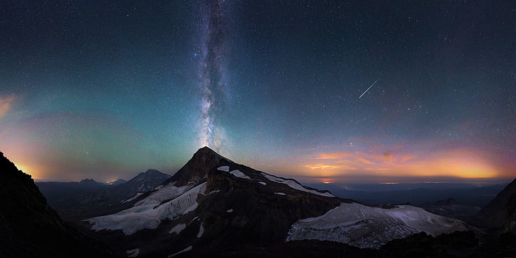 mountain peak, mountains, snow, stars, meteors, sunset, Milky Way, night, galaxy, HD wallpaper