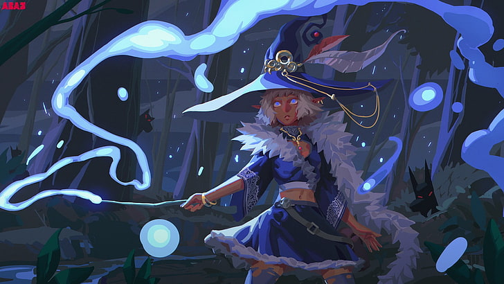 personnage féminin aux cheveux blancs en robe bleue et illustration de chapeau, art fantastique, magie, eau, Fond d'écran HD