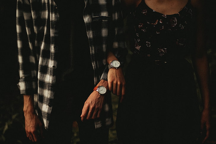 men's black and white dress shirt, wrist watch, pair, hands, HD wallpaper
