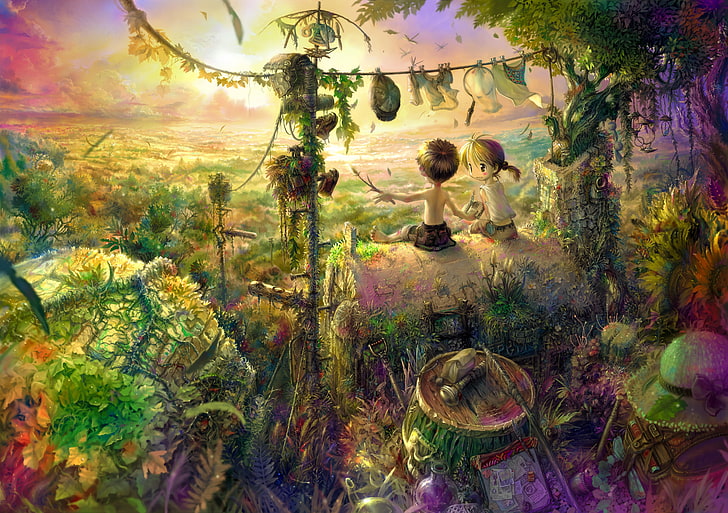 lukisan pohon hijau dan ungu, seni digital, warna-warni, anak-anak, seni fantasi, Wallpaper HD