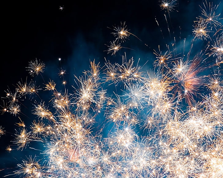 fireworks, sparkles, sky, night, lights, HD wallpaper