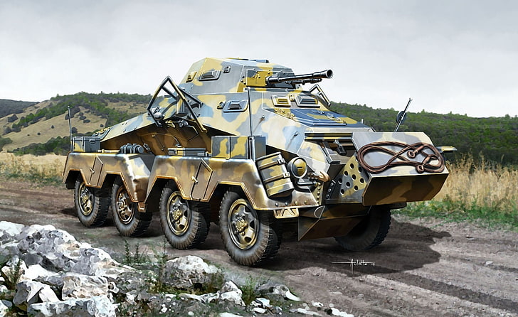 brown battle tank, road, stones, figure, art, The second world war, armored car, German, Sd.Car.231, Armored reconnaissance vehicle, Heavy, HD wallpaper