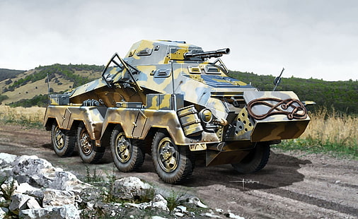brown battle tank, road, stones, figure, art, The second world war, armored car, German, Sd.Car.231, Armored reconnaissance vehicle, Heavy, HD wallpaper HD wallpaper