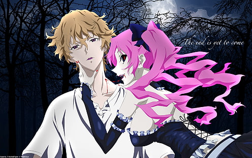 kobieta różowe włosy anime, shiki, mutou tohru, megumi shimizu, facet, dziewczyna, wampir, krew, księżyc, las, Tapety HD HD wallpaper