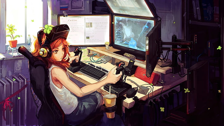 жена седи до компютърно бюро с настолен компютър илюстрация, цифрово изкуство, компютър, слушалки, Вивиан Джеймс, интерфейси, оригинални герои, стая, червенокоса, видео игри, произведения на изкуството, HD тапет