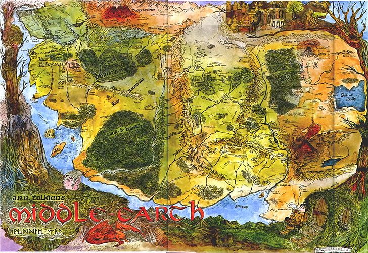 yeşil ve kahverengi Middle Earth haritası, Yüzüklerin Efendisi, Yüzüklerin Efendisi, Harita, Middle Earth, Tolkien, HD masaüstü duvar kağıdı