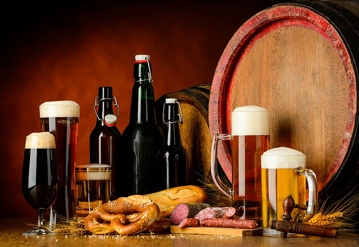 Food, Still Life, Alcohol, Barrel, Beer, Bottle, Drink, Glass, Meat, HD wallpaper
