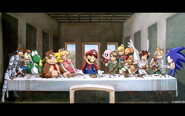 The Last Supper by Nintendo, digital art, Super Mario, Sonic, Kirby, painting, The Legend of Zelda, table, The Last Supper, parody, Link, Samus Aran, Solid Snake, Princess Peach, HD wallpaper